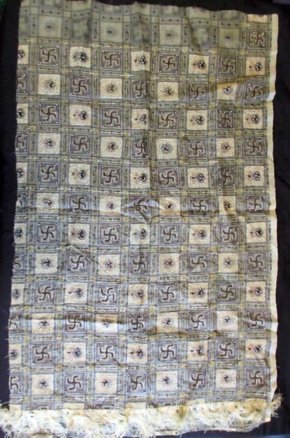 Vintage organza sari silk partial pallu section, w/ woven swastika & kalash pattern in black, grey, & cream, loads of beading and metallic thread decoration