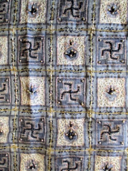 Vintage organza sari silk partial pallu section, w/ woven swastika & kalash pattern in black, grey, & cream, loads of beading and metallic thread decoration